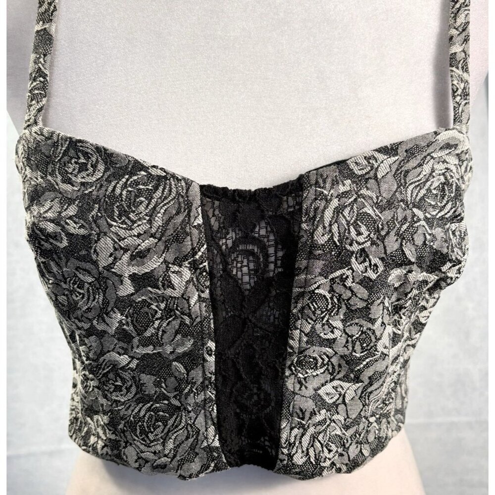 PINS NEEDLES Women Sleeveless Floral Tapestry Lace Bustier Crop Top Sz S Black